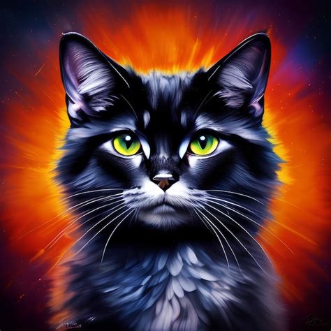 Uma Pintura De Um Gato Preto Olhos Amarelos E Fundo Vermelho