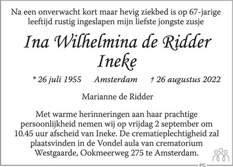 Ina Wilhelmina Ineke De Ridder Overlijdensbericht En