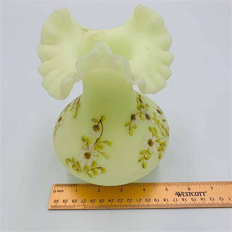 Vintage Fenton Burmese Vaseline Uranium Custard Hand Painted Artist Signed Floral Ruffle