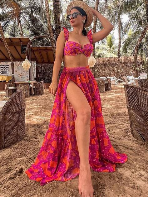 Bikini Piece Sets For Women Rose Ruffles Summer Beach Swimwear Milanoo