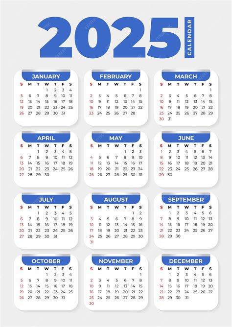 Calendario básico de 2025 con fondo blanco | Vector Premium