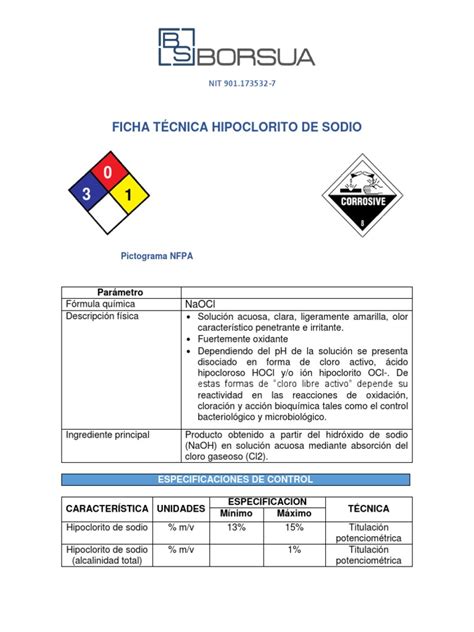 Ficha Tecnica Hipoclorito De Sodio Pdf Sustancias Químicas Química