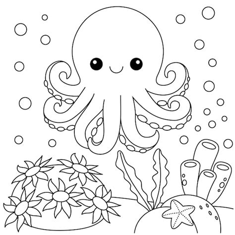 Premium Vector | Cute kawaii octopus cartoon character coloring page