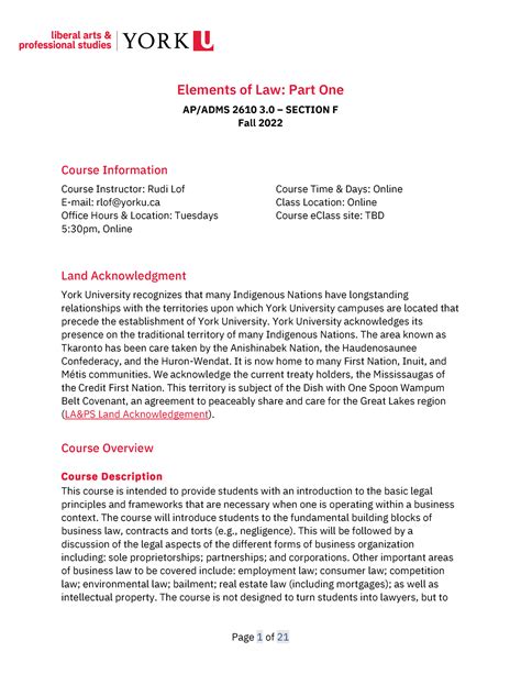 ADMS 2610 F F22 Course Outline Elements Of Law Part One AP ADMS 2610