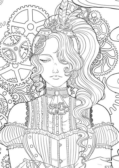 Femme Steampunk avec café Version 3 Coloriages Vintage à imprimer