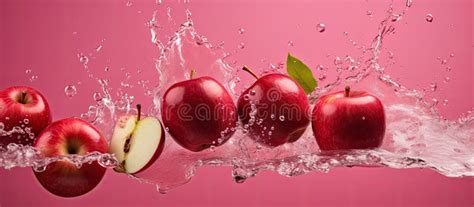 Apple Slices Splashing In Liquid On Pink Background Stock Photo Image