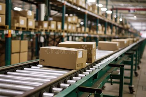 Cardboard Boxes Moving On Conveyor Belt In Distribution Warehouse Stock