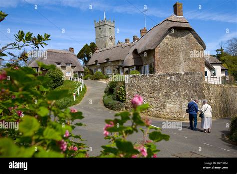 Thatched Cottages Daffodils Houses Church Godshill Isle Of Wight