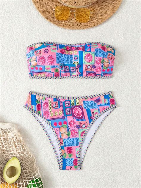 Shein Swim Conjunto De Bikini De Dos Piezas Con Estampado De Frutas