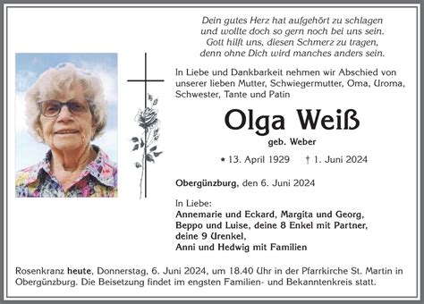 Traueranzeigen Von Olga Wei Allg Uer Zeitung