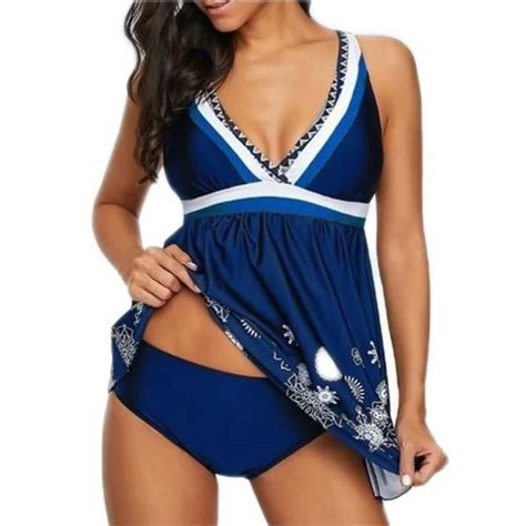 Maillot de Bain avec Jupette Femme Dos nu Bikini de Plage Imprimé Bleu Grande Taille Style