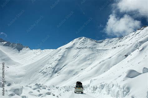 Indian People Driving Van On Khardung La Road Pass Go To Nubra Valley