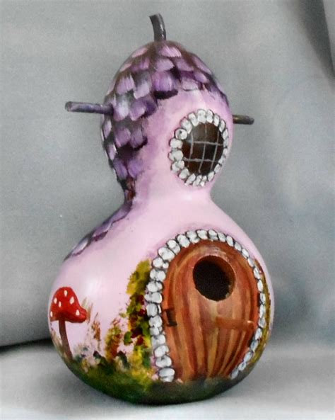 Thashed Roof Purple Mushroom Bird House Gourd Original Hand Painted By