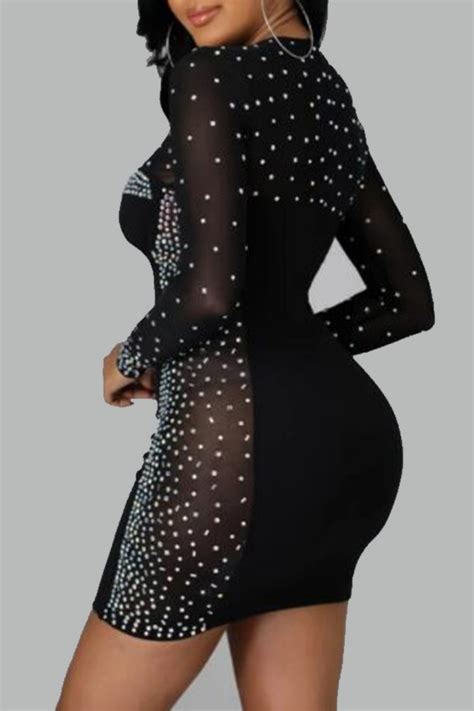 Wholesale Black Sexy Patchwork Hot Drilling See Through O Neck Long Sleeve Dresses K66417 2 Online