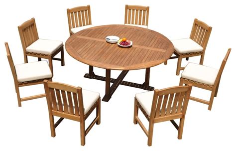 9-Piece Outdoor Patio Teak Dining Set: 72" Round Table, 8 Devon Armless Chairs - Transitional ...