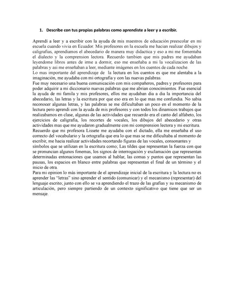 Describe con tus propias palabras como aprendiste a leer y a escribir