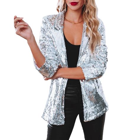 Women Sequin Jacket Open Front Blazer Sparkle Long Sleeve Cardigan Coat Bomber Jacket Y2k