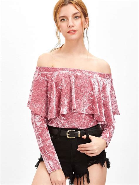 Pink Ruffle Off The Shoulder Crushed Velvet Bodysuit Shein Sheinside