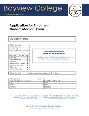 Fillable Online Bayview Vic Edu Application For Enrolment Student