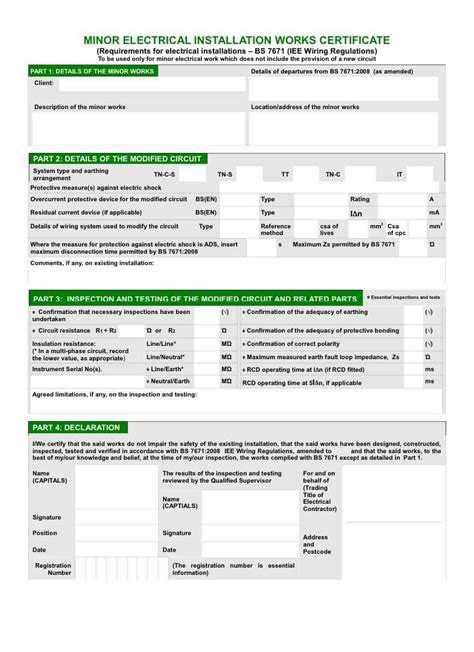 Minor Electrical Installation Works Certificate Template