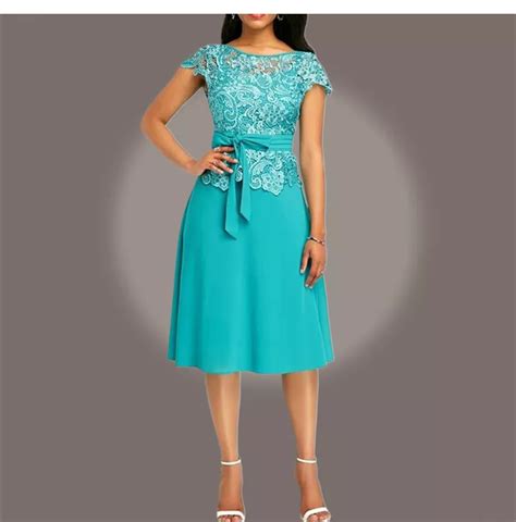 Short Sleeve Knee Length Solid Party Dress With Bow Lace Patchwork For