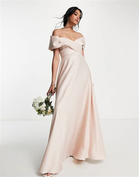 Asos Edition Satin Bardot Maxi Dress With Full Skirt In Blush Shopstyle