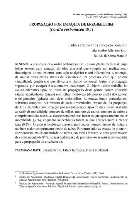 PDF Propagação por estaquia de erva baleeira Cordia verbenacea DC