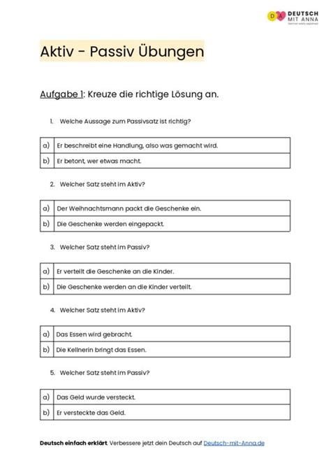 Aktiv Passiv Übungen mit Lösungen A1 B2 PDF