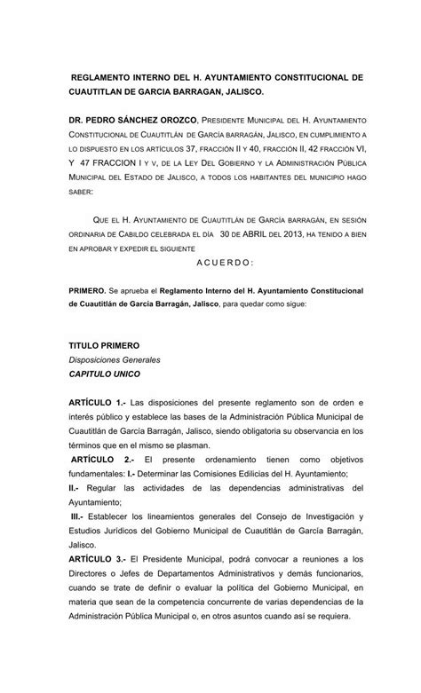 Pdf Reglamento Interno Del H Ayuntamientocuautitlan Jalisco Gob Mx