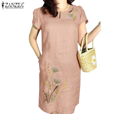 ZANZEA Women Vintage Daily V Neckline Casual Embroidered Short Sleeved