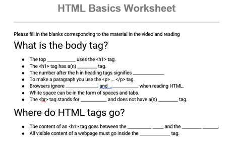 Solved Html Basics Worksheet Please Fill In The Blanks Chegg