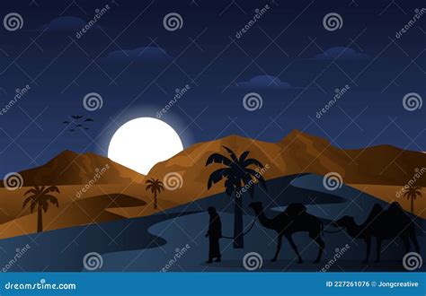 Night Arabic Desert Camel Caravan Muslim Islamic Culture Illustration