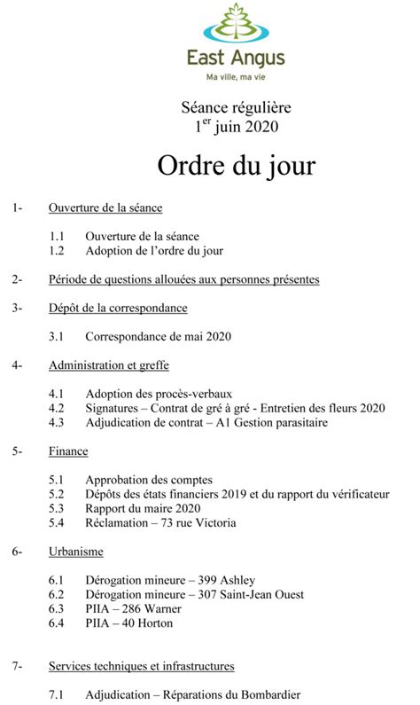 Ordre du jour Séance régulière du 1er juin 2020 Ville East Angus