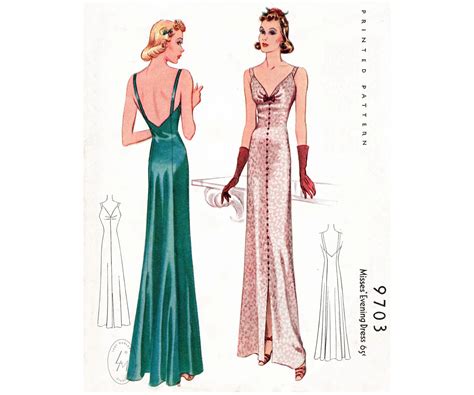 1930s 30s Evening Gown Pattern Strappy Dress Low V Back Vintage