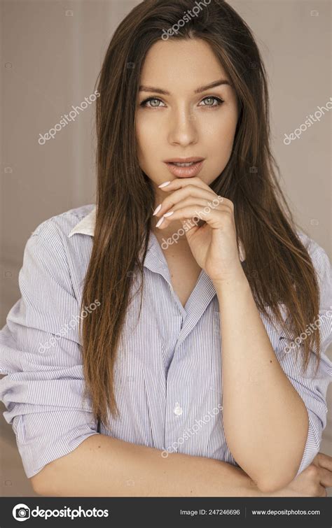 Sexy Fit Brunette Caucasian Woman Mens Shirt Home Pretty Flawless Stock Photo By Annademy