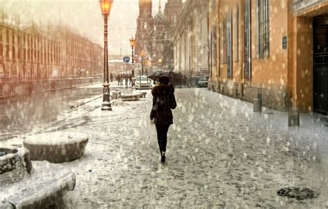 Wallpaper Girl Snow Umbrella Saint Petersburg Images For Desktop