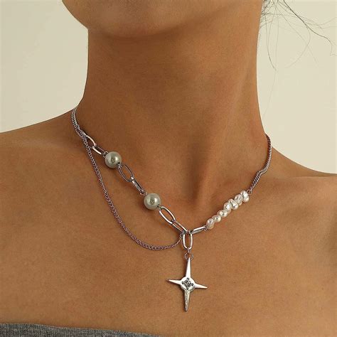 Yienate North Stern Perlenkette Choker Asymmetrische Perlenkette Silber