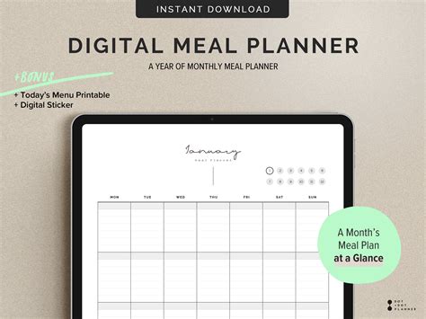 Digital Meal Planner Minimalist Monthly Meal Planner For A Etsy