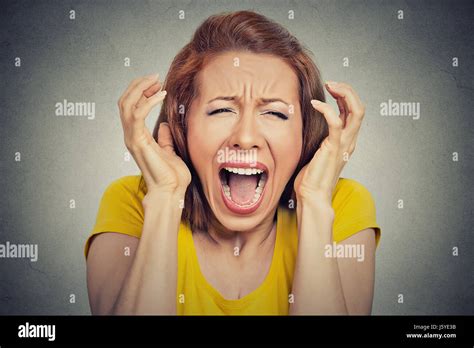 Portrait Angry Woman Screaming Wide Open Mouth Hysterical Isolated Grey