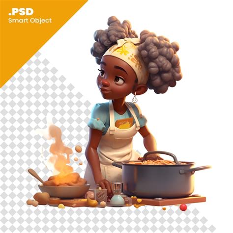 Renderización digital en 3d de una linda chica afroamericana cocinando