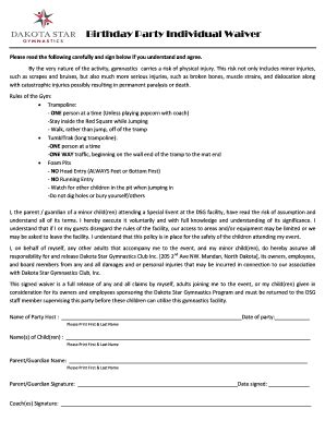 Fillable Online Birthday Party Individual Waiver