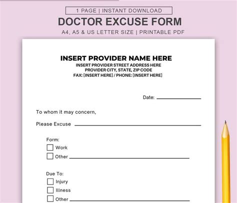 Printable Doctor Excuse Template Medical Office Forms Work Excuse