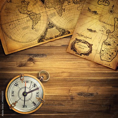 Old Vintage Retro Compass On Ancient Map Background Travel Geography