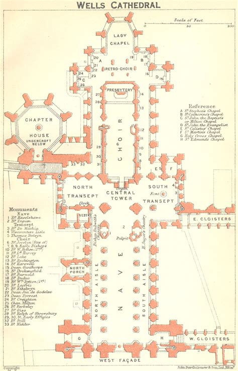 SOMT Wells Cathedral 1924 Old Vintage Map Plan Chart