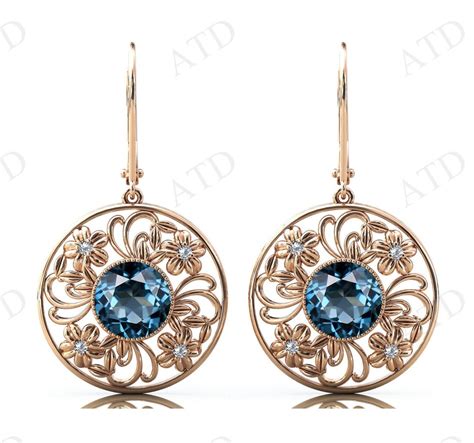 London Blue Topaz Earrings For Women Art Deco Floral Leaf Earrings