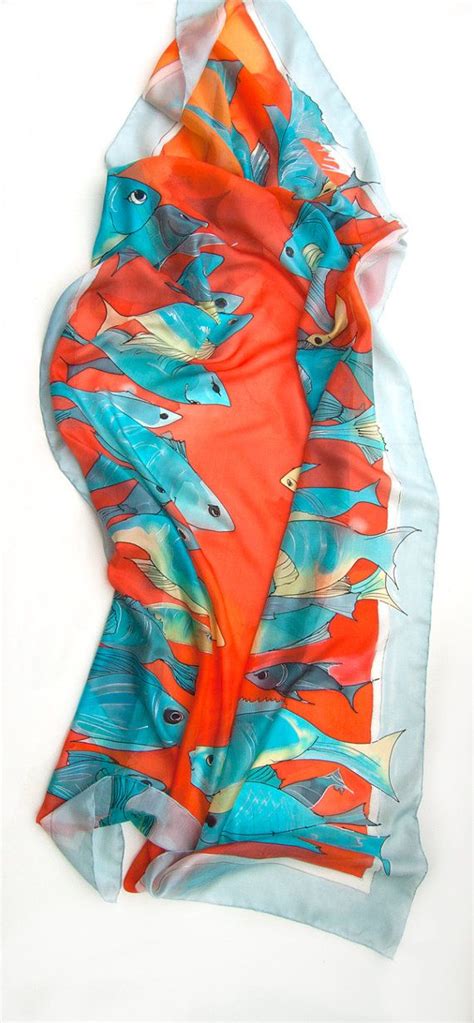 Hand Painted Silk Scarf The Fish Passage Bright Summer Scarf Etsy