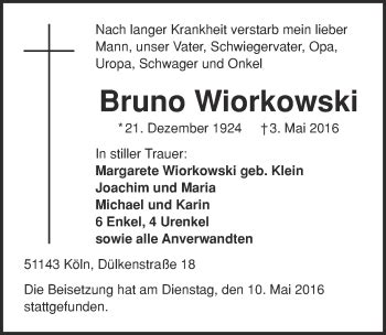 Traueranzeigen Von Bruno Wiorkowski WirTrauern