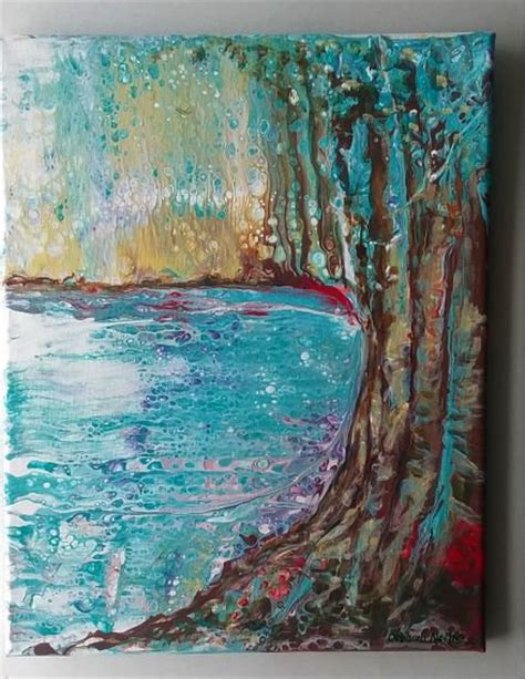 Lake Painting, Embellished Acrylic Pour, Trees and Water Art, Fluid Art ...