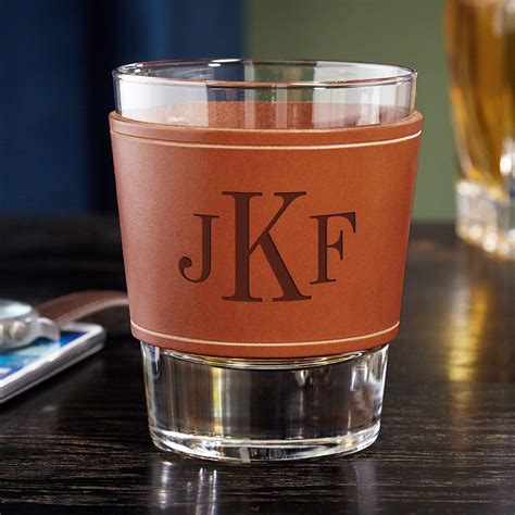 Classic Monogram Whiskey Glass With Personalized Leather Wrap