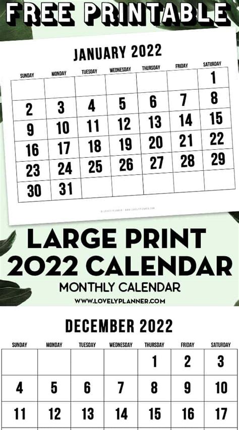 Free Printable Large Print 2022 Calendar 12 Month Calendar Lovely Planner